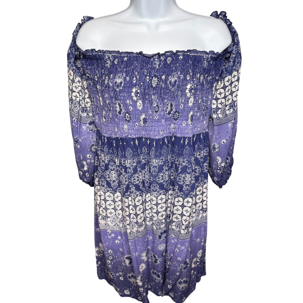 NWT RAGA Womens Blue Purple Floral Smocked Off Shoulder Mini Dress S Boho Girly